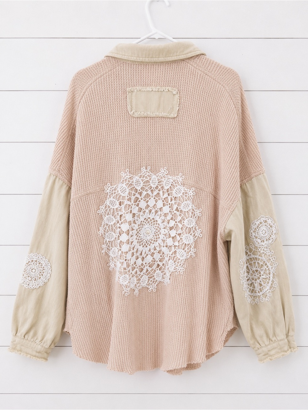 POL Blush Crochet Lace Patchwork Button Up | Shacket Oversized | Large - Picture 4 of 7